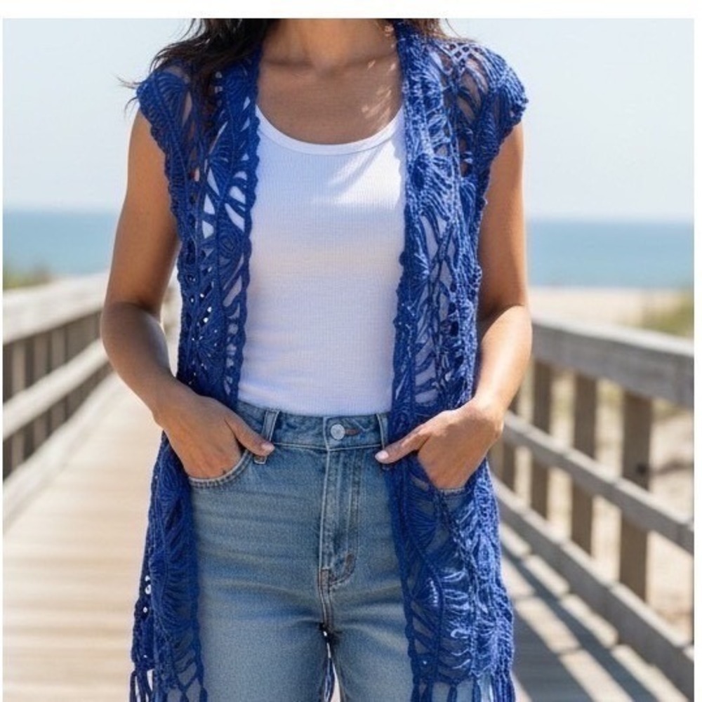 Aqua Blue Womens Crochet Vest Royal Blue Open Knit Handkerchief Hem One Size NEW